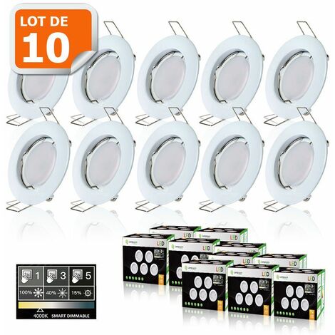 10 Spots led 3-step dimmable sans variateur 7w eq.56w blanc neutre finition blanc