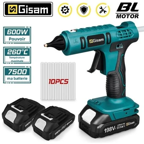 Pistolet à colle électrique portable sans fil 18 V (2 piles incluses),avec 10 bâtons de colle pour travaux manuels, bricolage, réparations rapides