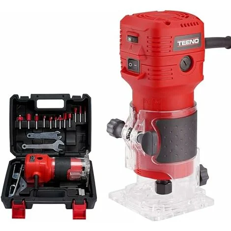 TEENO Défonceuse affleureuse Électrique 650W 15000-32000 RPM, Affleureuse défonceuse Avec 12 Fraises à Défoncer Queue de 1/4",6 Vitesses Variables,Base Fixe Mèches 6/6.35mm avec boîte de transport