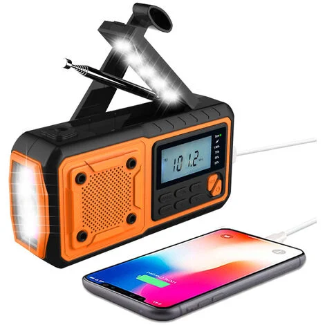 Radio à manivelle radio d'urgence portable avec batterie 4000 mAh et écran, radio solaire multifonction AM/FM radio météo NOAA avec 4 modes lampe de poche LED lampe de lecture batterie externe alarme