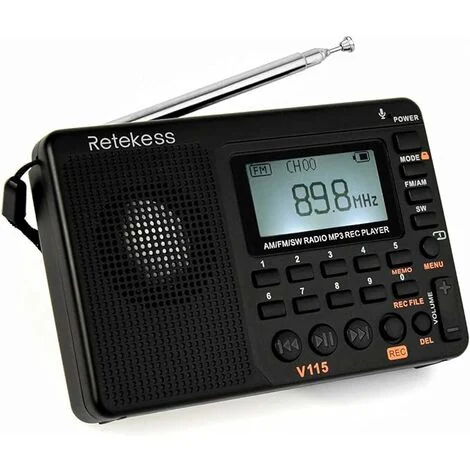 Radio Portable,Petite Radio Rechargeable, Piles et Secteur, Carte TF, Enregistreur, MP3, Réveil, Salle de Bain, Cuisine (Noir)