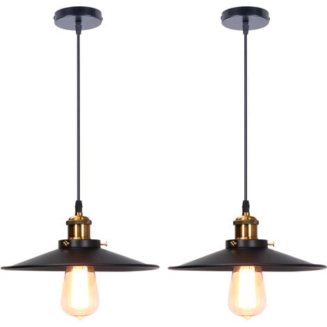 2PCS Rétro Lustre Suspension Industrielle 26cm Plaofnnier Fer Abat-jour en Métal Noir