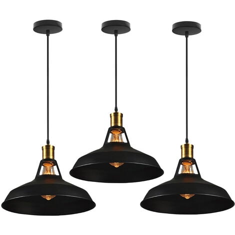 3pcs Rétro Lustre Suspension E27 27cm Luminaire Style Industrielle pour Salon Couloir Cuisine Noir