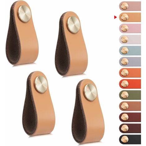 4pcs Poignée Meuble Cuir, Bouton Porte Placard Poignee Cuir Bouton de Tiroir, Poignee de Meuble Vintage pour Armoires, Commode, Cuisine, Salle de Bain (Beige, Monotrou)