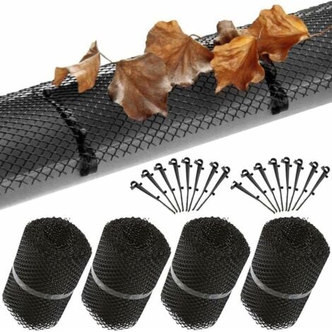 4x Grillage gouttière 40 clips de fixation, 6 m de Long, Plastique, Protection Anti-Feuilles mortes, 15 cm de Large, Pratique, Noir