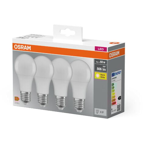 4x Osram Ampoule LED Base Classic A, sous forme de piston avec prise E27, non grasable, remplace 60 watts, mat, blanc chaud, blanc chaud - 2700 kelvin