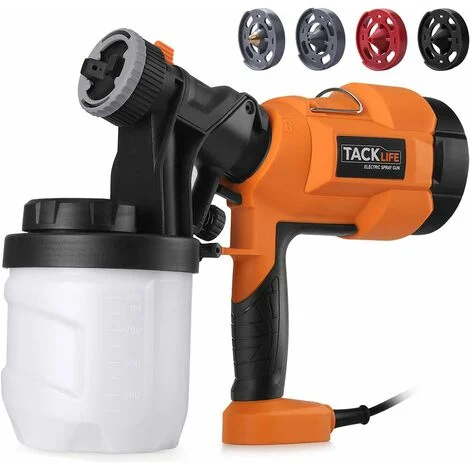 TACKLIFE Pistolet à Peinture, Pulvérisateur électrique 500W HVLP, Débit Réglable à 800ml/min, 3 Modes de Pulvérisation et 4 Buses, Bouton de soupape réglable, Récipient de Peinture 900ml SGP15AC