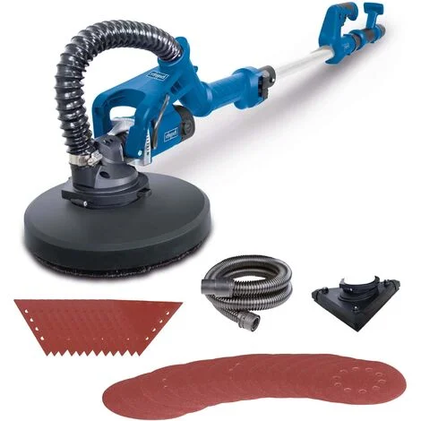 Scheppach Ponceuse Mur & Plafond DS930 - 710 W - Plateau de ponçage Ø215 mm - Télescopique - Tête circulaire ou triangulaire - 4m de tuyau d'aspiration, adaptateurs & abrasifs inclus