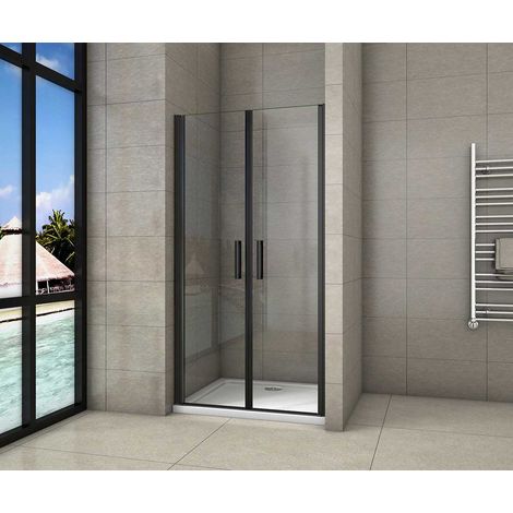 AICA porte de douche 100x200cm porte de douche battante noir en 8mm verre anticalcaire
