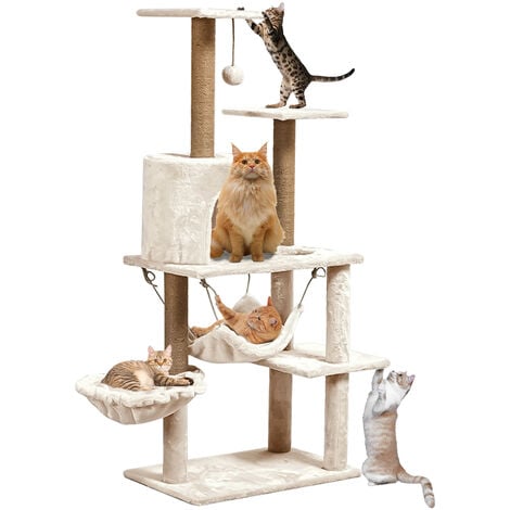 Arbre à Chat avec condo SDLOGAL, Multi-Level, Tour de Jeux, Grand Plate-Forme, avec poteau à gratter, panier, grotte, Jouet pour chat-Beige