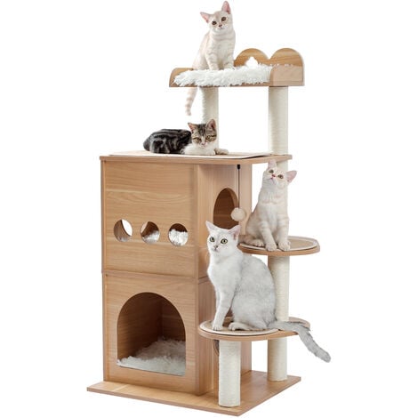 Arbre a Chat en Bois Moderne En Forme de Château Deluxe, Arbre à Chat Deluxe 2 Chambre 120cm - Beige