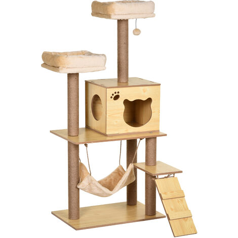 Arbre à chats design contemporain griffoirs grattoirs sisal naturel niche plate-formes hamac boule panneaux particules beige