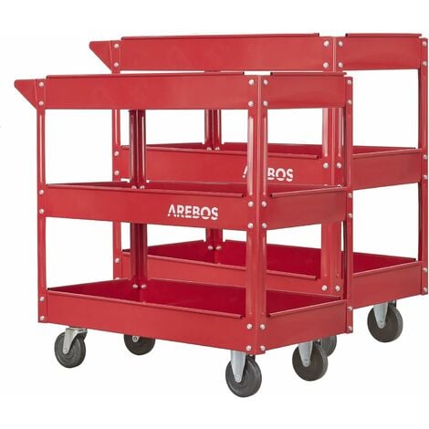 AREBOS 2x Chariot Servante d’Atelier Chariot à Outil  3 compartiments  Capacité de charge jusqu’à 100 kg  Rouge  Acier