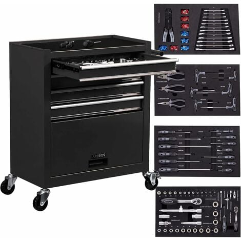 AREBOS Chariot d'atelier avec 4 Compartiments 4 tiroirs à roulement à Billes avec 81 pièces d'outils équipé de Tapis antidérapants 2 roulettes avec Frein de Blocage Noir