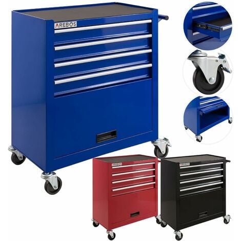 AREBOS Chariot d'Atelier Chariot à Outils 4 Tiroirs + Grand Compartiment Bleu 4 roulettes Tapis antidérapants
