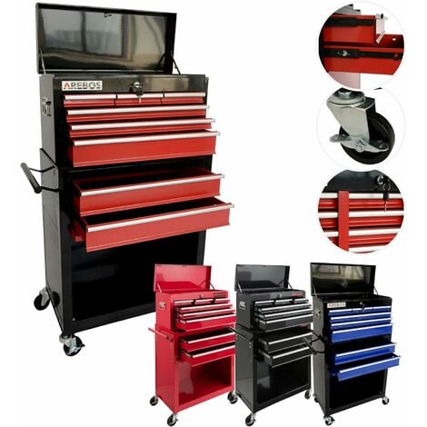 AREBOS Servante d'atelier à 9 tiroirs Tapis antidérapants Chariot avec Caisse à Outils Amovible Verrouillable Rouge/Noir