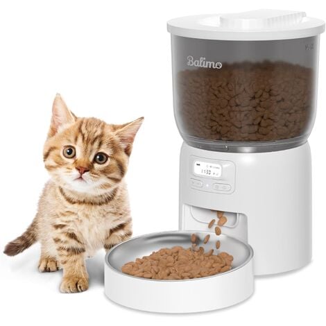 Balimo 3L Distributeur Croquettes Chat Automatique, Minuterie Programmable Fonction D'Enregistrement, avec Bol en Acier Inoxydable, 6 Repas par Jour, Blanc