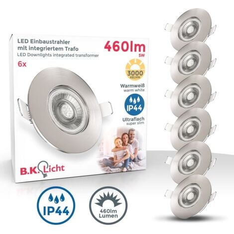 B.K.Licht lot de 6 spots à encastrer spéciales salle de bain IP44 ultraplats 25mm, Ø90mm, nickel mat, éclairage plafond encastrable, platines LED 4,9W, 480Lm, blanc chaud 3000K