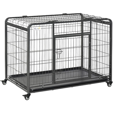 Cage pour chien pliable cage de transport sur roulettes 2 portes verrouillables plateau amovible dim. 109,5L x 71l x 78H cm métal gris noir