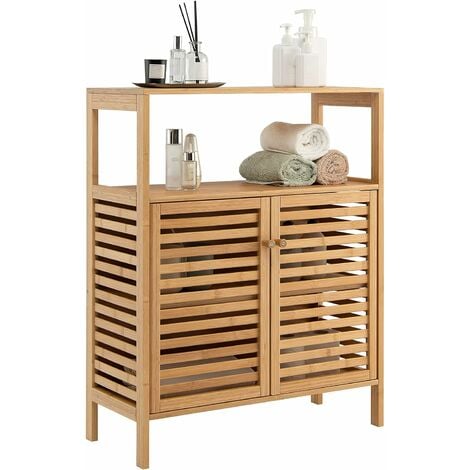 COSTWAY Meuble Salle de Bain en Bambou/Rangement de Salle de Bain-Étagère Amovible et 2 Portes Persiennes-64x27,5x80cm Naturel