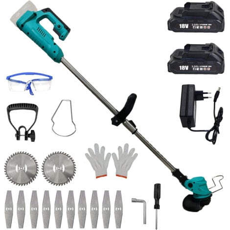 Coupe-bordure à batterie, Batterie Tondeuse de pelouse Tondeur d’herbe Débroussailleuse Coupe-moteur Cutter, Compatible avec la batterie Makita, avec 2x3000mAh Batterie et chargeur