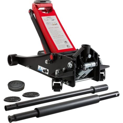 Cric hydraulique AREBOS - 3 tonnes - 75-505 mm - Dual Pompe - Avec 3 Patins - Tige de Levier - Noir et Rouge