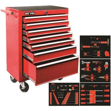 DEFPRO Servante datelier SERV588 7 tiroirs + 188 Outils et Embouts - Rouge