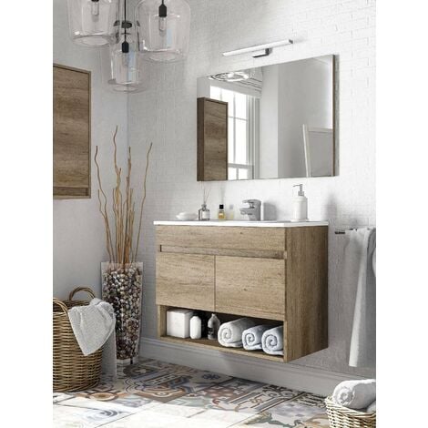 Dmora - Meuble de comptoir Dmele, meuble de salle de bain 2 portes, Armoire suspendue avec étagère et miroir, évier non inclus, 80x45h64 cm, Chêne