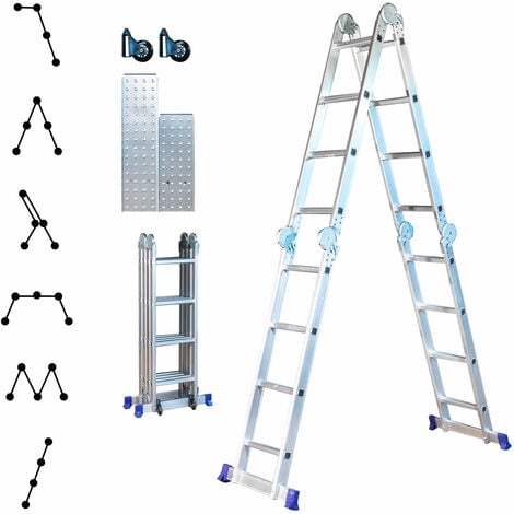 Echelle pliante articulée STAVALANCE 4x4 marches, echafaudage multifonction, ecarteur de mur, escabeau, 2 plaques plateforme de travail, Hostrom