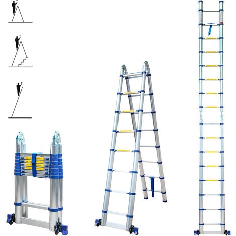 Echelle télescopique articulée 5m STEMPAKT, escabeau 2x8 marches pliable professionnel multifonction, hauteur travail max 5,9m, garantie 5 ans Hoström