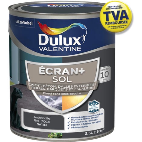 Ecran+ Sol - Peinture solvantée pour sols Intérieur et Extérieur - Ciment, béton, dalles, parquets et escaliers - Satin Gris Anthracite 2,5 L - Dulux Valentine
