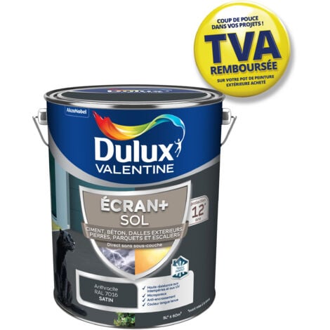Ecran+ Sol - Peinture solvantée pour sols Intérieur et Extérieur - Ciment, béton, dalles, parquets et escaliers - Satin Gris Anthracite 5 L - Dulux Valentine