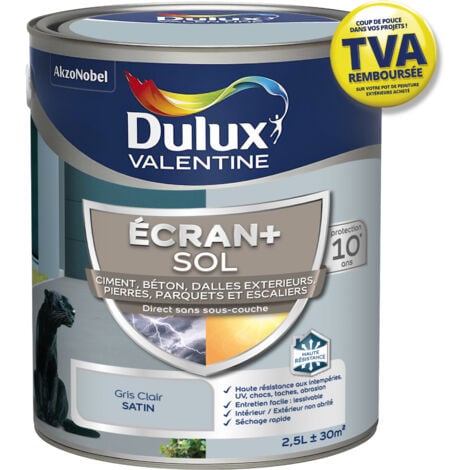 Ecran+ Sol - Peinture solvantée pour sols Intérieur et Extérieur - Ciment, béton, dalles, parquets et escaliers - Satin Gris Clair 2,5 L - Dulux Valentine