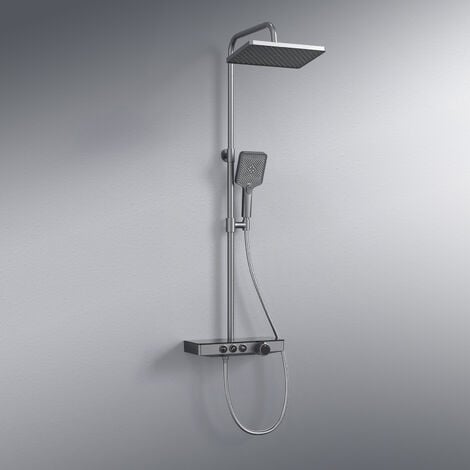 EMKE Colonne de douche Thermostat, 36 x 14 cm étagères en verre, douchette, 3 types de jets, douche à effet pluie, bec verseur, montage mural, Certification KTW, Gris métal