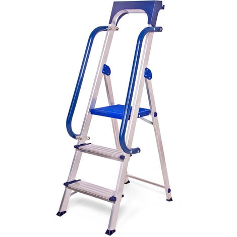 Escabeau 3 marches Secure pro, aluminium renforcé, sécurisé avec rampes, tablette porte-outils, hauteur plateforme 66cm, charge 150kg Hostrom
