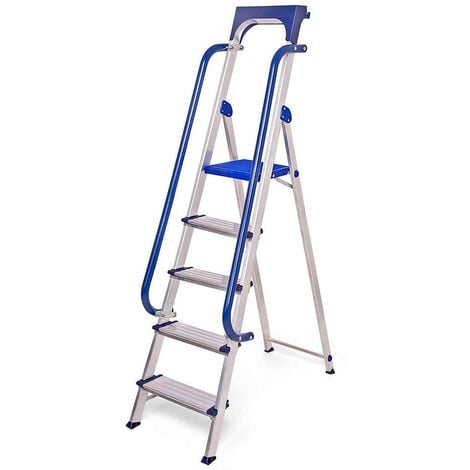 Escabeau 5 marches Secure pro, aluminium renforcé, sécurisé avec rampes, tablette porte-outils, hauteur plateforme 112cm, charge 150kg Hostrom