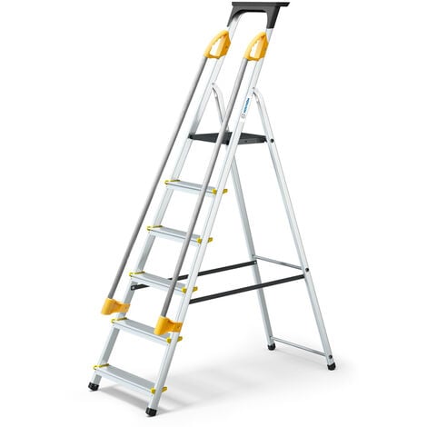 Escabeau 6 marches DURAMP sécurisé avec rampes, tablette porte-outils, marchepied pliable aluminium, hauteur plateforme 119cm, garantie 5 ans Hoström