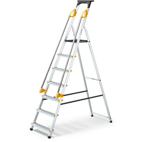 Escabeau 7 marches DURAMP sécurisé avec rampes, tablette porte-outils, marchepied pliable aluminium, hauteur plateforme 140cm, garantie 5 ans Hoström