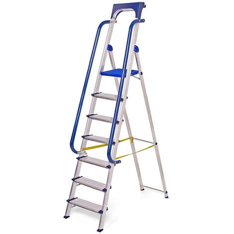 Escabeau 7 marches Secure pro, aluminium renforcé, sécurisé avec rampes, tablette porte-outils, hauteur plateforme 158cm, charge 150kg Hostrom