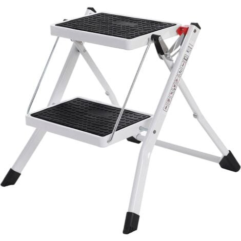 Escabeau à 2 Marches, Marche-Pieds Pliable, Largeur de Marche 20 cm, Caoutchouc Antidérapant, avec Poignée, Charge 150 kg, en Acier, avec Certificat TÜV GS,Blanc et Noir GSL02WT