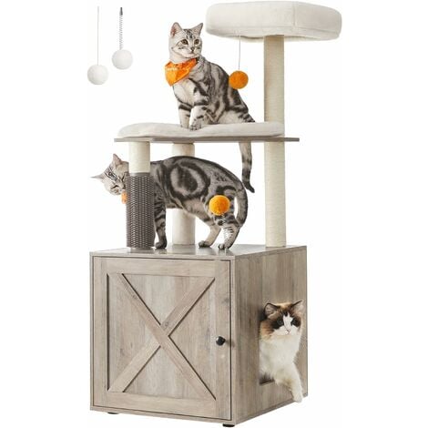 Feandrea Arbre à Chat avec Maison de Toilettes, Tour de Jeu Moderne 2-en-1, Niche pour Chat de 134 cm avec Chache-litière, Poteaux à Griffer, Perchoir, Tapis Lavables, Grège