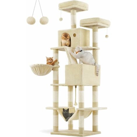 FEANDREA Arbre à Chat, Grande Tour de Jeux, Hauteur 206 cm, avec 13 Griffoirs, 1 Planche à Griffer, 2 Plate-Formes, 2 Niches, Panier, Hamac, Pompons, Tissu Peluche, Multi-Niveaux, Beige