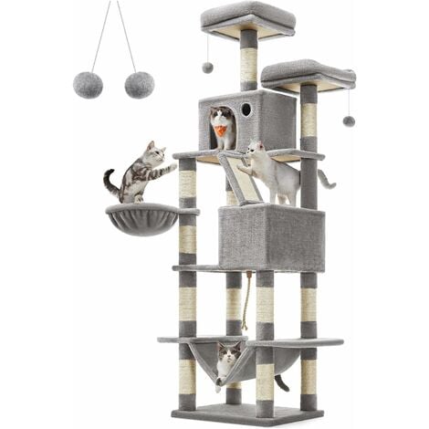 FEANDREA Arbre à Chat, Grande Tour de Jeux, Hauteur 206 cm, avec 13 Griffoirs, 1 Planche à Griffer, 2 Plate-Formes, 2 Niches, Panier, Hamac, Pompons, Tissu Peluche, Multi-Niveaux, Gris Clair