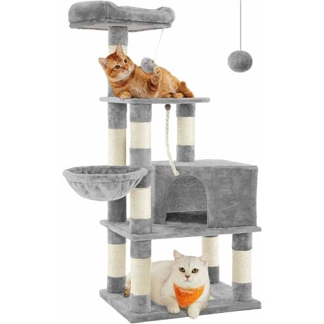 Feandrea Arbre à Chat Hauteur 138 cm, Tour de Jeux pour Chats, avec Base et 9 Poteaux à Griffer, 1 Plateforme, 1 Niche, 1 Hamac, 1 Pompon, 1 Corde, Tissu Peluche, Multi-Niveaux, Gris Clair