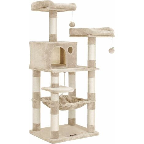 Feandrea Arbre à Chat Hauteur 143 cm, Tour de Jeux pour Chat, avec 11 Poteaux à Griffer, 2 Plateformes, 1 Niche, 1 Hamac, 2 Pompons, en Tissu Peluche, Plusieurs Niveaux, Beige