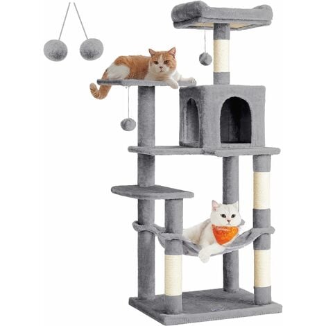 Feandrea Arbre à Chat Hauteur 143 cm, Tour de Jeux pour Chats, avec 4 Poteaux à Griffer, 2 Plateformes, 1 Niche, 1 Hamac, 2 Pompons, en Tissu Peluche, Multi-Niveaux, Gris Clair