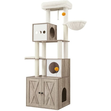 Feandrea Arbre à Chat Moderne avec Cache-litière, Tour de Jeu, Griffoir avec Maison de Toilette, 185 cm, Niche, Plateforme, Tapis Lavables, Grège