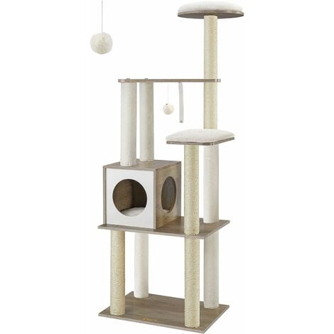 FEANDREA Arbre à Chat, Tour de Jeux Moderne 165 cm, avec 5 Griffoirs, Coussins Lavables et Amovibles, Plate-Forme, Niche, Meuble pour Chats d’Intérieur, Grège PCT166G01