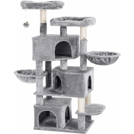 FEANDREA Grand Arbre à Chat, avec 3 Niches, 164cm de Hauteur, Gris Clair
