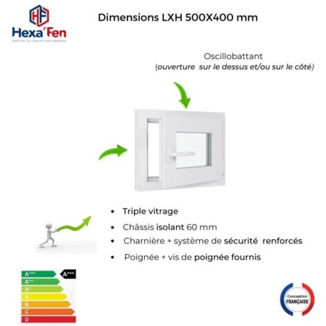 Fenêtre PVC - Triple Vitrage - Tirant droite - Poignée à gauche - Ferrage droite - Blanc - 500x400 mm